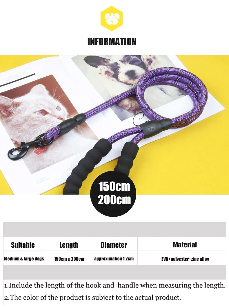 1.5M/2M/3M Large Dog Rope Round 1.2CM Nylon Pet Leash Strengthen Reflective Rope Walking Dog Traction Collar Harness Dog Lead