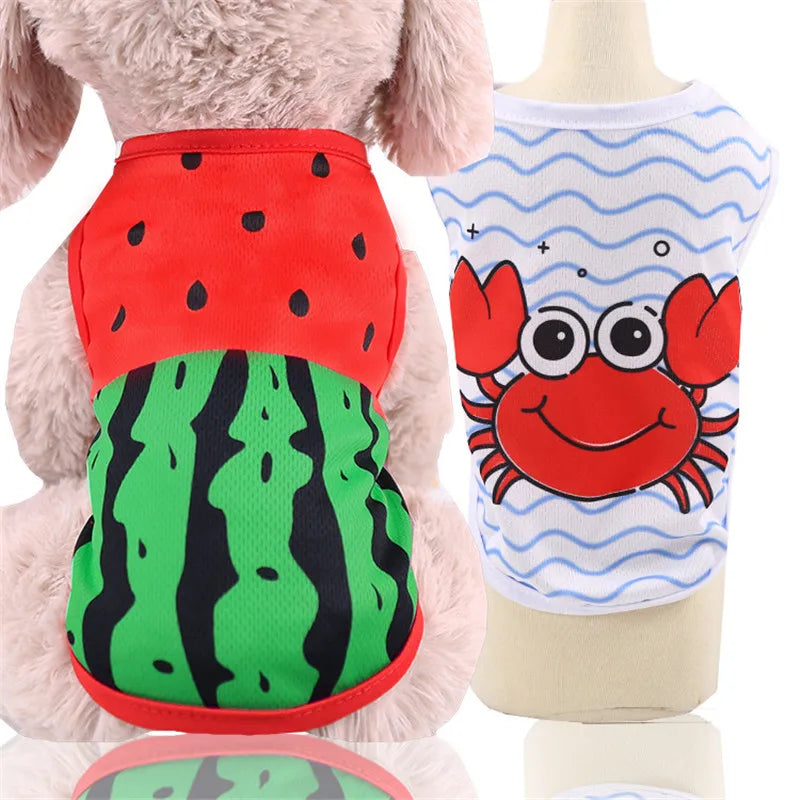 Dog Clothes Cute Cartoon Fruit Crab Printed Vest Summer Breathable Printing T-Shirt Pet Cat Cotton T-Shirt Pug Apparel Costumes