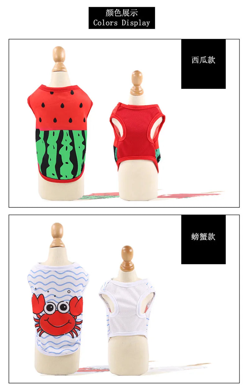 Dog Clothes Cute Cartoon Fruit Crab Printed Vest Summer Breathable Printing T-Shirt Pet Cat Cotton T-Shirt Pug Apparel Costumes