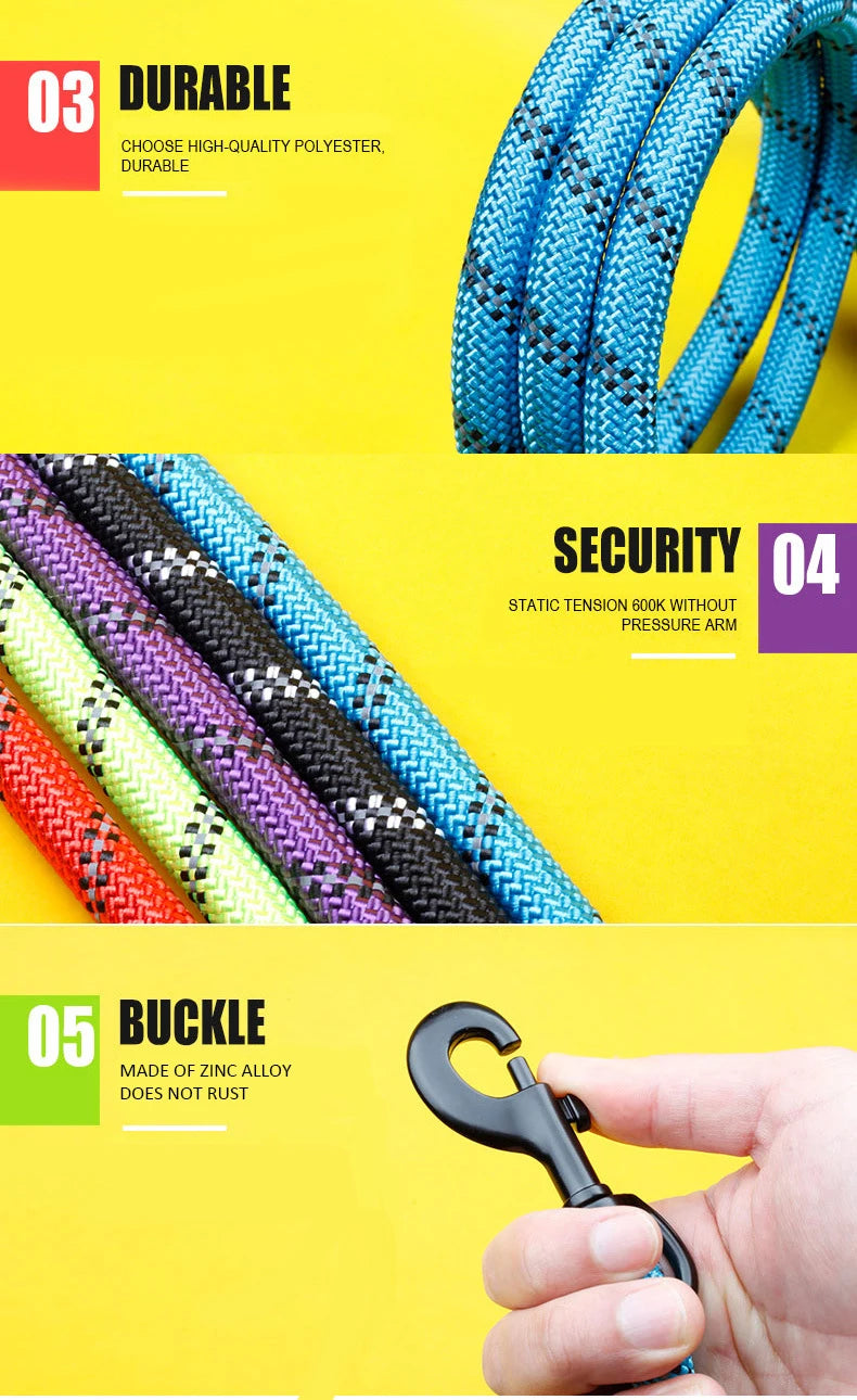 1.5M/2M/3M Large Dog Rope Round 1.2CM Nylon Pet Leash Strengthen Reflective Rope Walking Dog Traction Collar Harness Dog Lead