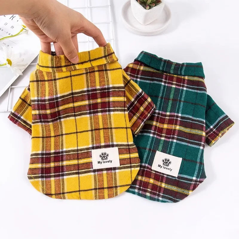 Plaid Dog Clothes Shirt College Style Pet Clothing Fashion Casual Print Costume Small Dogs Trendy Green Spring Summer Wholesale