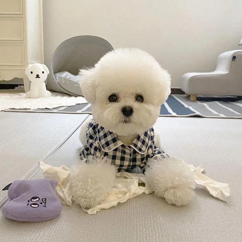 Plaid Khaki Chihuahua Dog Shirt Home Leisure Fashion Soft Cat Overalls Sleep Wear Spring Half Sleeve Pet Clothes for Small Dogs