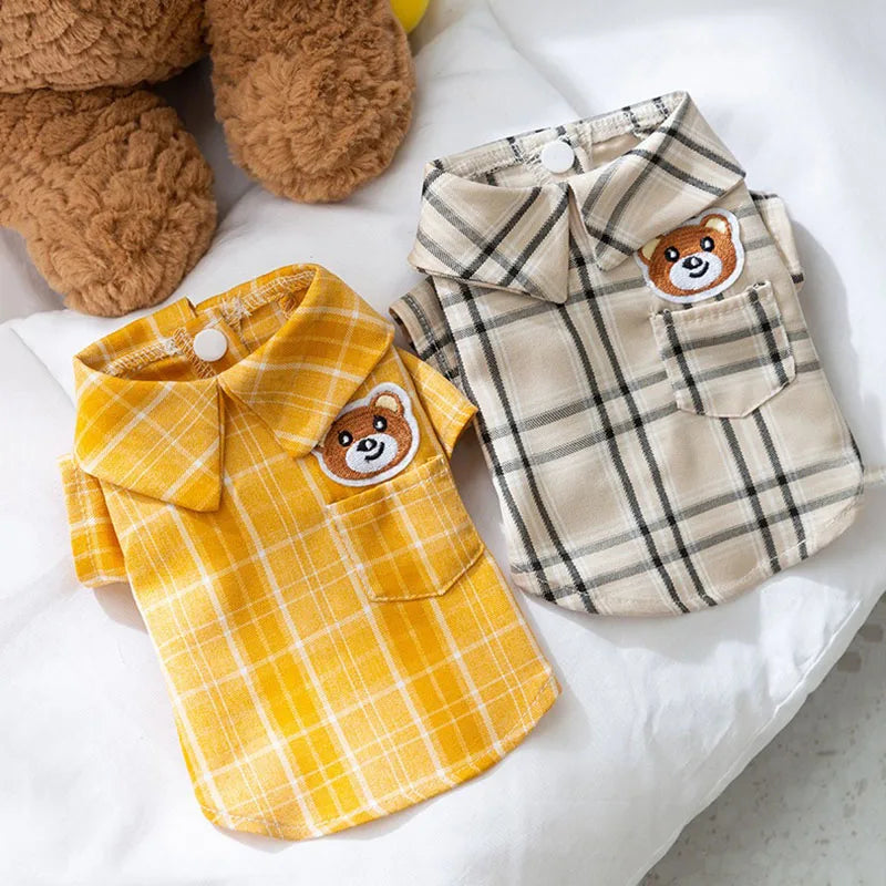 Pet Bear Plaid Shirt Small and Medium Dogs Summer Split Button Down Teddy Short Apparel Cool Dog Clothes Pet Supplies