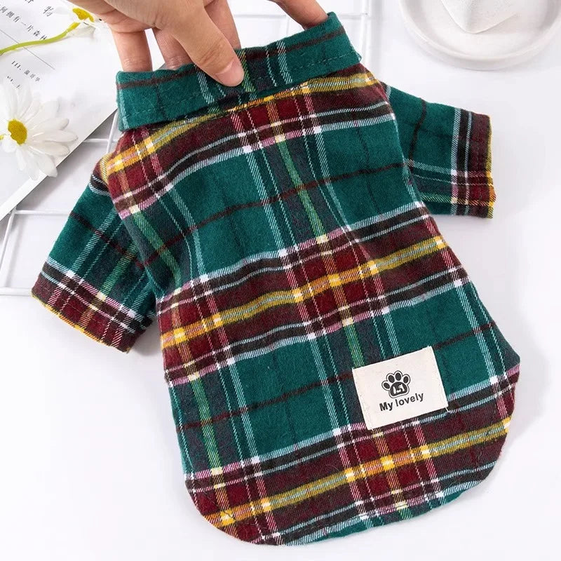 Plaid Dog Clothes Shirt College Style Pet Clothing Fashion Casual Print Costume Small Dogs Trendy Green Spring Summer Wholesale