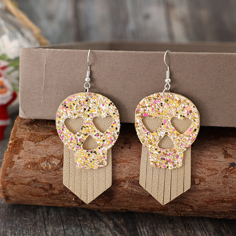 Sequin Skull Dangle PU Leather Earrings