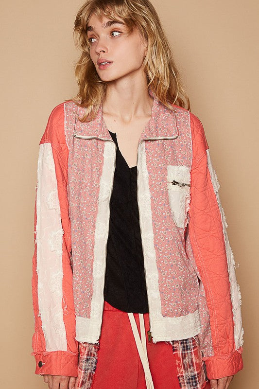 POL Floral Patchwork Zip Up Long Sleeve Jacket