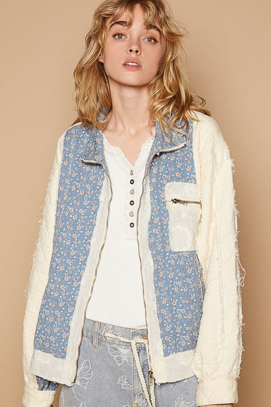 POL Floral Patchwork Zip Up Long Sleeve Jacket