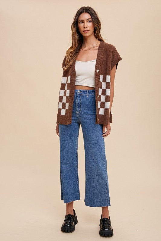 Annie Wear Checkered Button Down Short Sleeve Cardigan