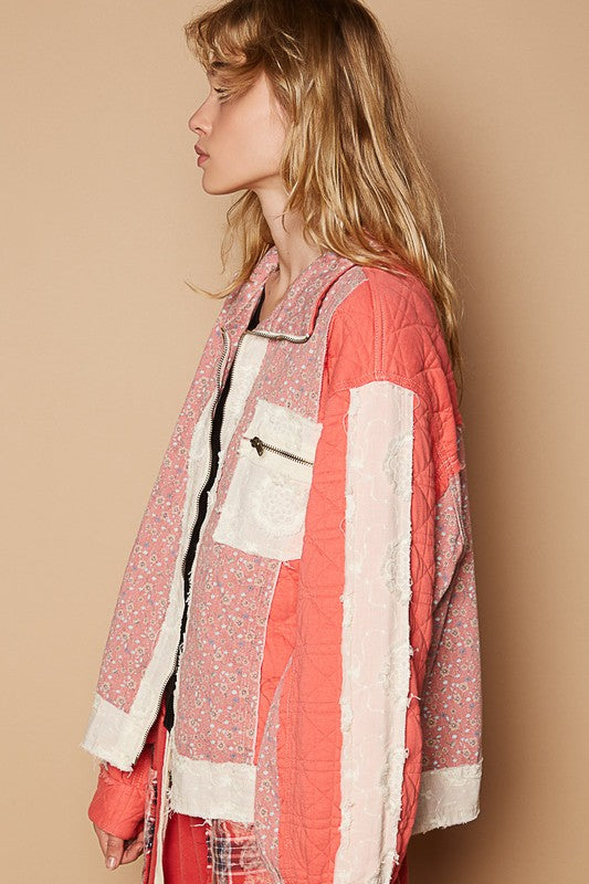 POL Floral Patchwork Zip Up Long Sleeve Jacket