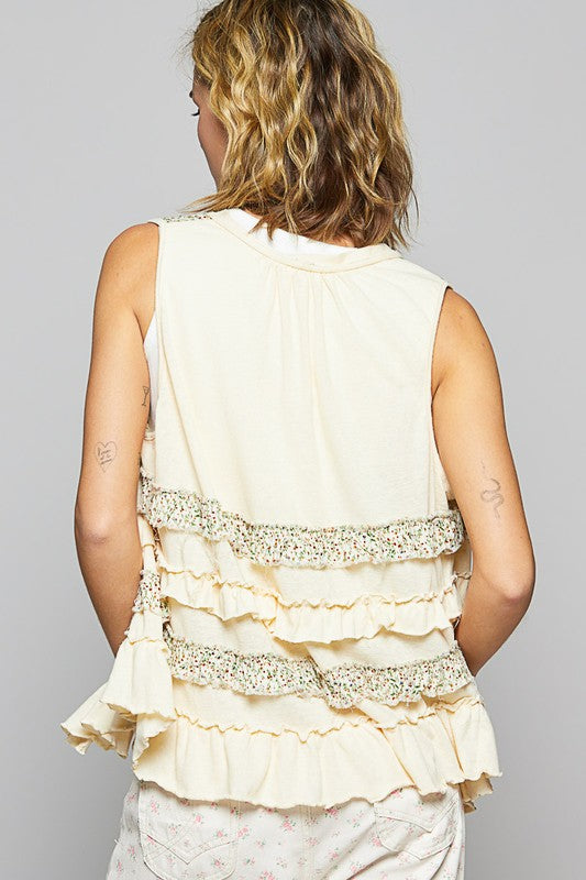 POL Ruffled Open Front Sleeveless Cardigan