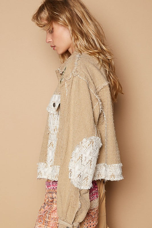 POL Crochet Patch Embroidered Button Up Jacket