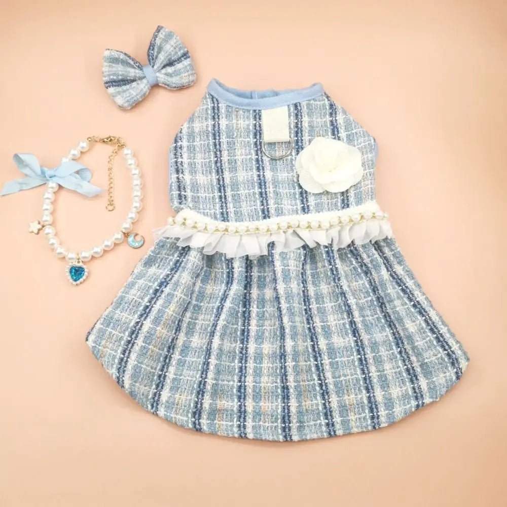 Pet Clothes Cute Puppy Plaid Dress Breathable Thin Design Cat Bow Pearl Coat Soft Dog Vest Autumn Winter