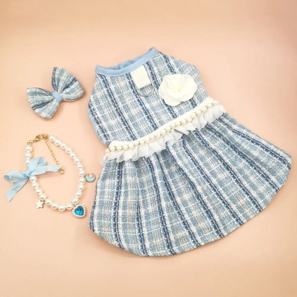 Pet Clothes Cute Puppy Plaid Dress Breathable Thin Design Cat Bow Pearl Coat Soft Dog Vest Autumn Winter