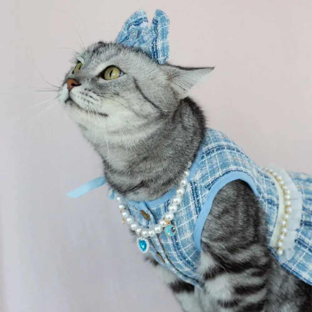 Pet Clothes Cute Puppy Plaid Dress Breathable Thin Design Cat Bow Pearl Coat Soft Dog Vest Autumn Winter