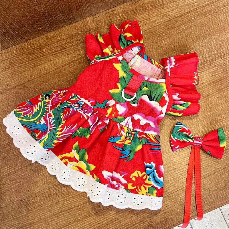 Pet Dog Clothes for Small Dogs Summer Pet Dress Fashion Print Puppy Princess Skirt Cute Flying Sleeve Cat Dress Pet Dog Costumes