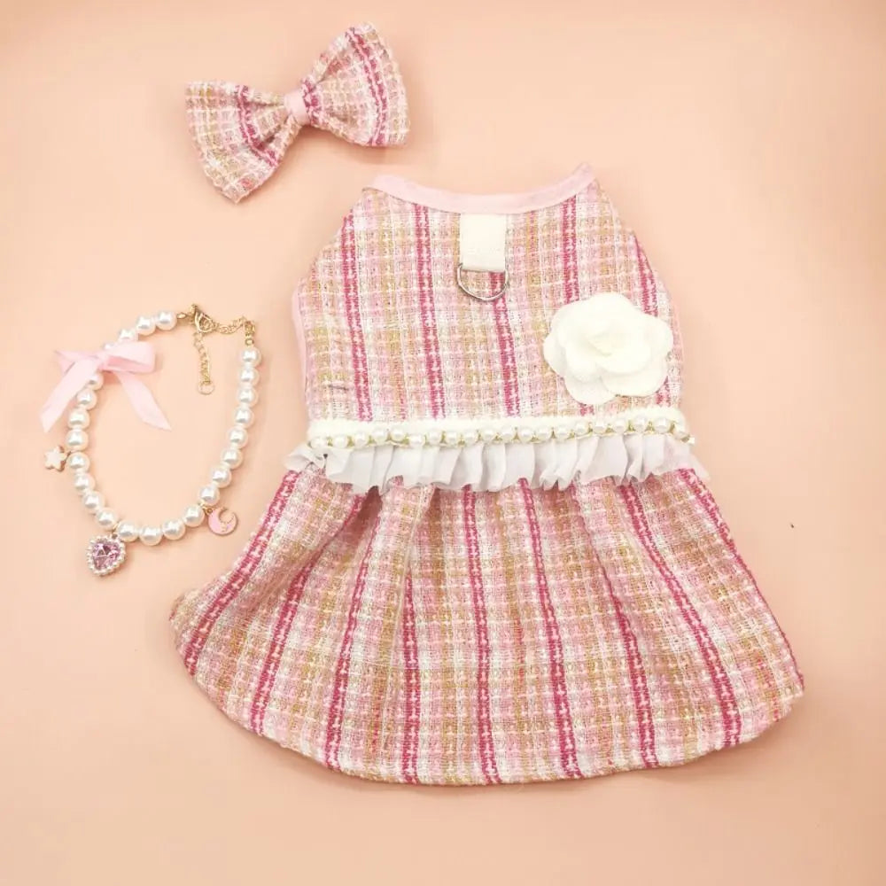 Pet Clothes Cute Puppy Plaid Dress Breathable Thin Design Cat Bow Pearl Coat Soft Dog Vest Autumn Winter