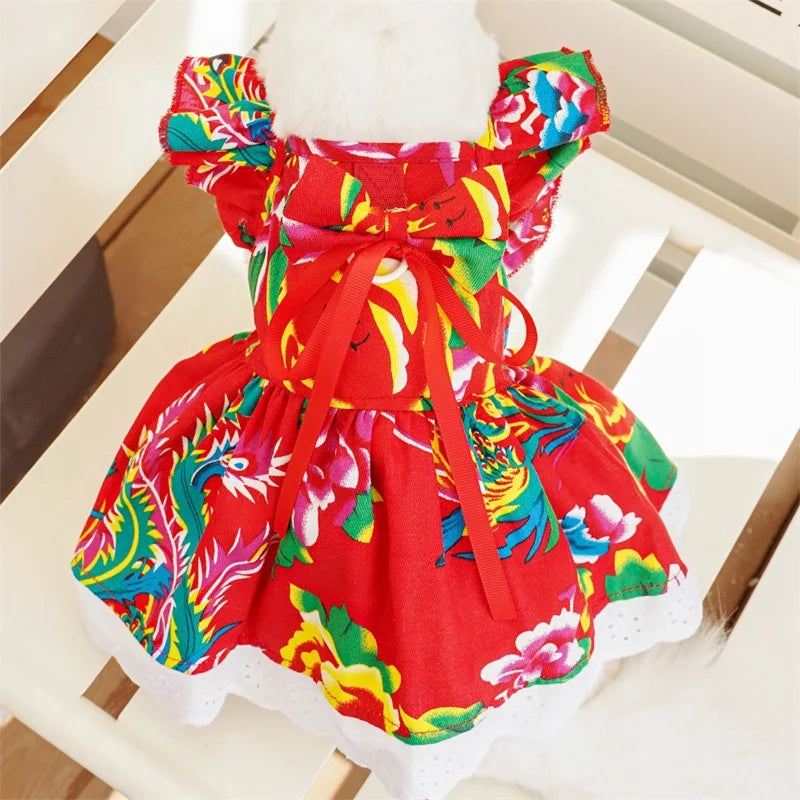 Pet Dog Clothes for Small Dogs Summer Pet Dress Fashion Print Puppy Princess Skirt Cute Flying Sleeve Cat Dress Pet Dog Costumes