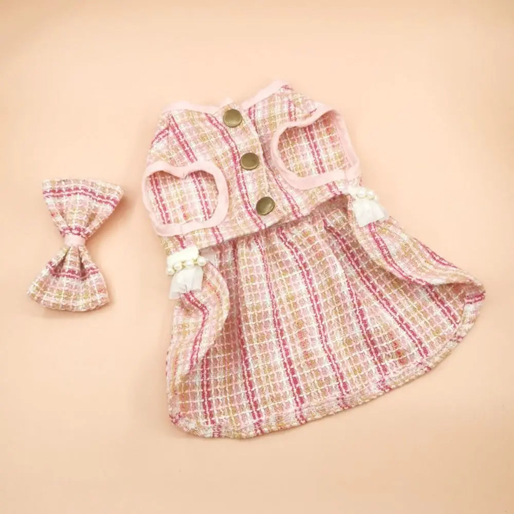 Pet Clothes Cute Puppy Plaid Dress Breathable Thin Design Cat Bow Pearl Coat Soft Dog Vest Autumn Winter