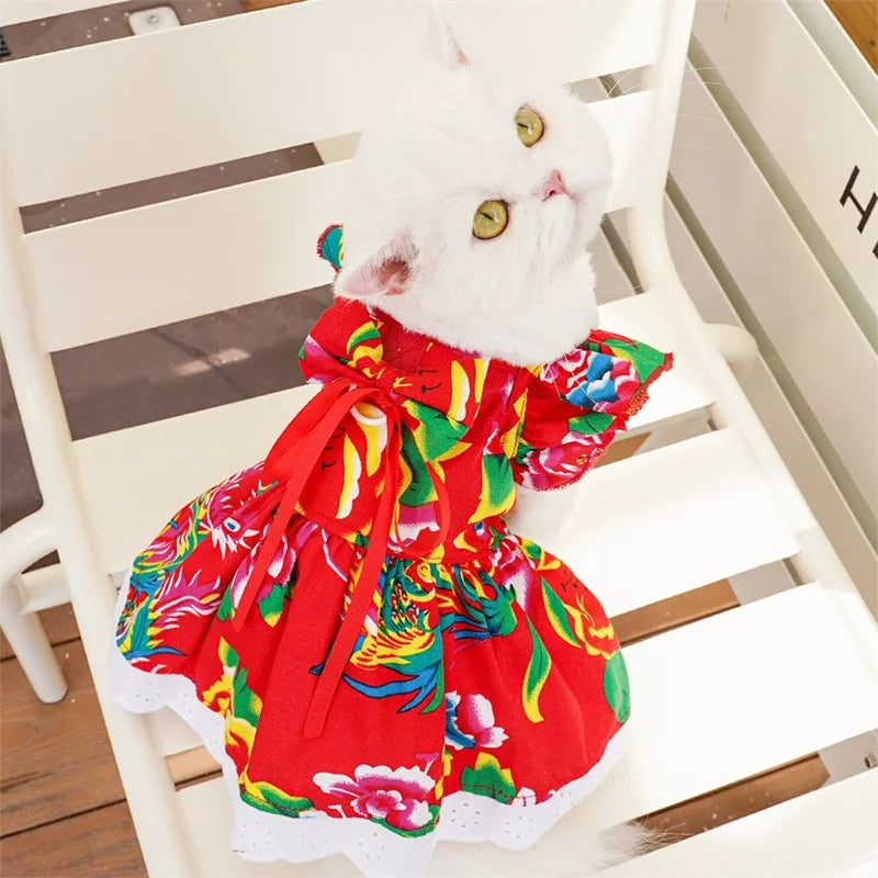 Pet Dog Clothes for Small Dogs Summer Pet Dress Fashion Print Puppy Princess Skirt Cute Flying Sleeve Cat Dress Pet Dog Costumes