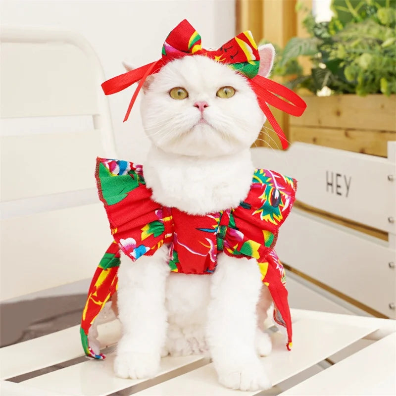 Pet Dog Clothes for Small Dogs Summer Pet Dress Fashion Print Puppy Princess Skirt Cute Flying Sleeve Cat Dress Pet Dog Costumes
