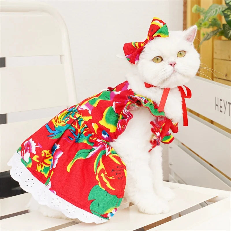 Pet Dog Clothes for Small Dogs Summer Pet Dress Fashion Print Puppy Princess Skirt Cute Flying Sleeve Cat Dress Pet Dog Costumes