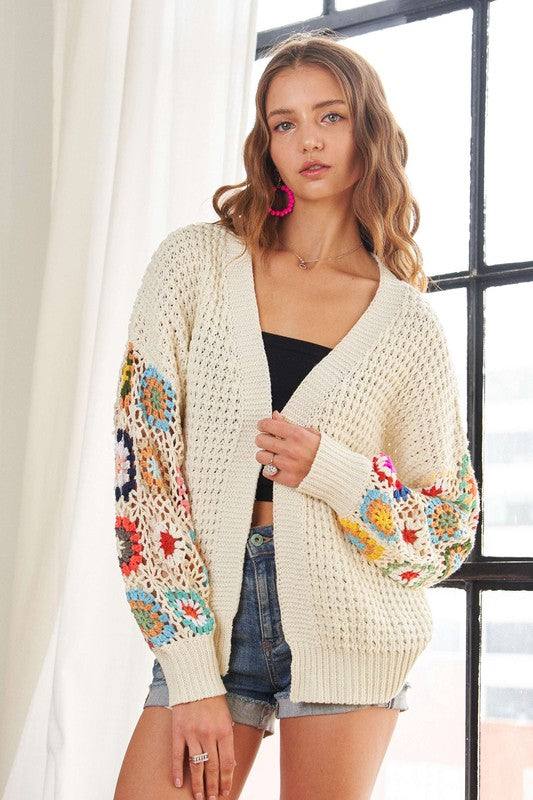 ADORA Full Size Contrast Crochet Open Front Long Sleeve Cardigan