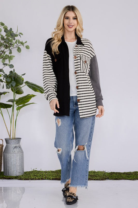 Celeste Full Size Striped Button Up Dropped Shoulder Shacket