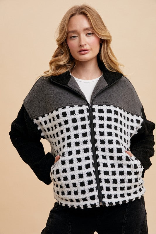 Annie Wear Plaid Zip Up Drop Shoulder Sherpa Jacket