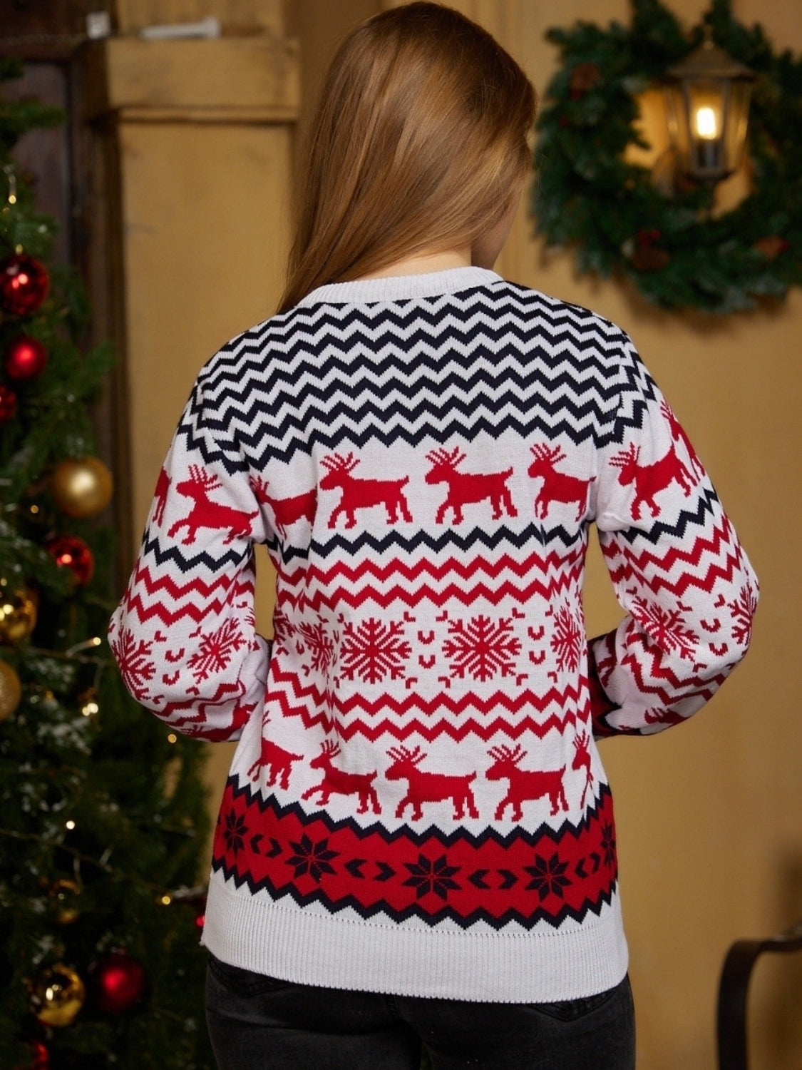 Reindeer & Snowflake Round Neck Sweater