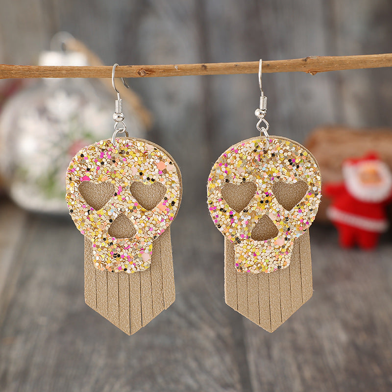 Sequin Skull Dangle PU Leather Earrings